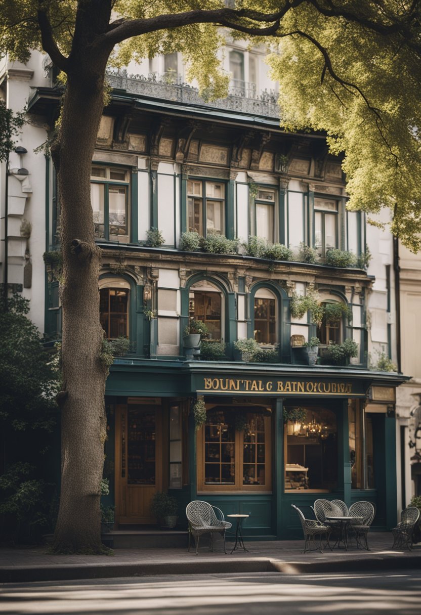 A vintage restaurant building with ornate architecture and a weathered exterior, surrounded by old trees and a quaint outdoor seating area