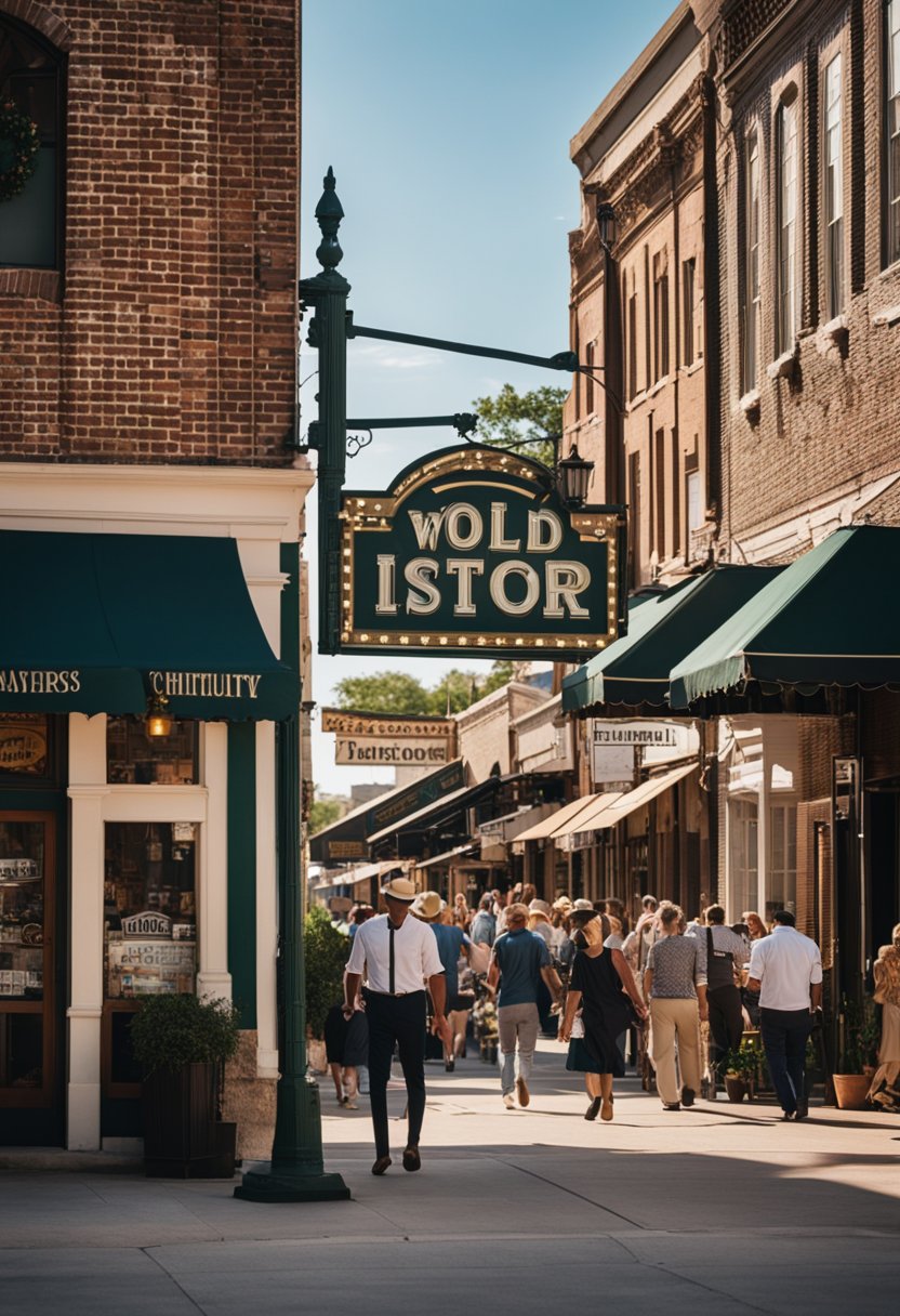 A bustling street lined with charming, old-fashioned buildings, each adorned with unique signage and bustling with activity as people enter and exit historic restaurants in Waco