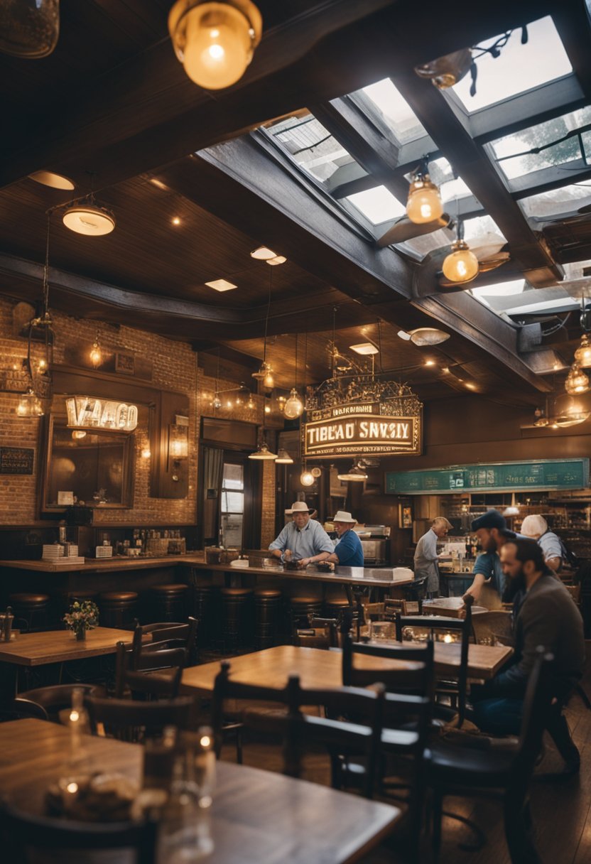 A bustling historic restaurant in Waco, filled with vintage decor and lively patrons enjoying traditional Texan cuisine