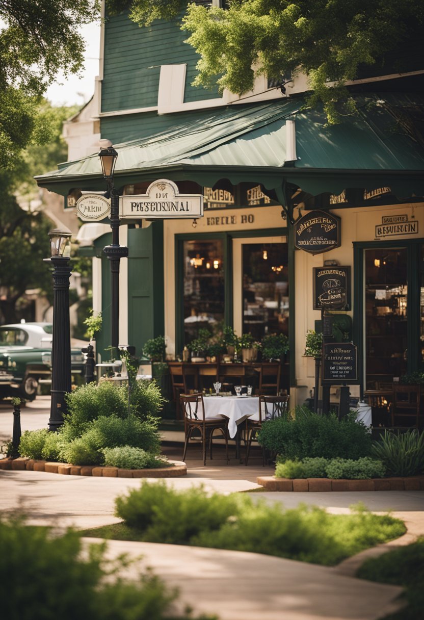 A quaint historic restaurant in Waco, with vintage signage and outdoor seating, surrounded by lush greenery and old-fashioned street lamps