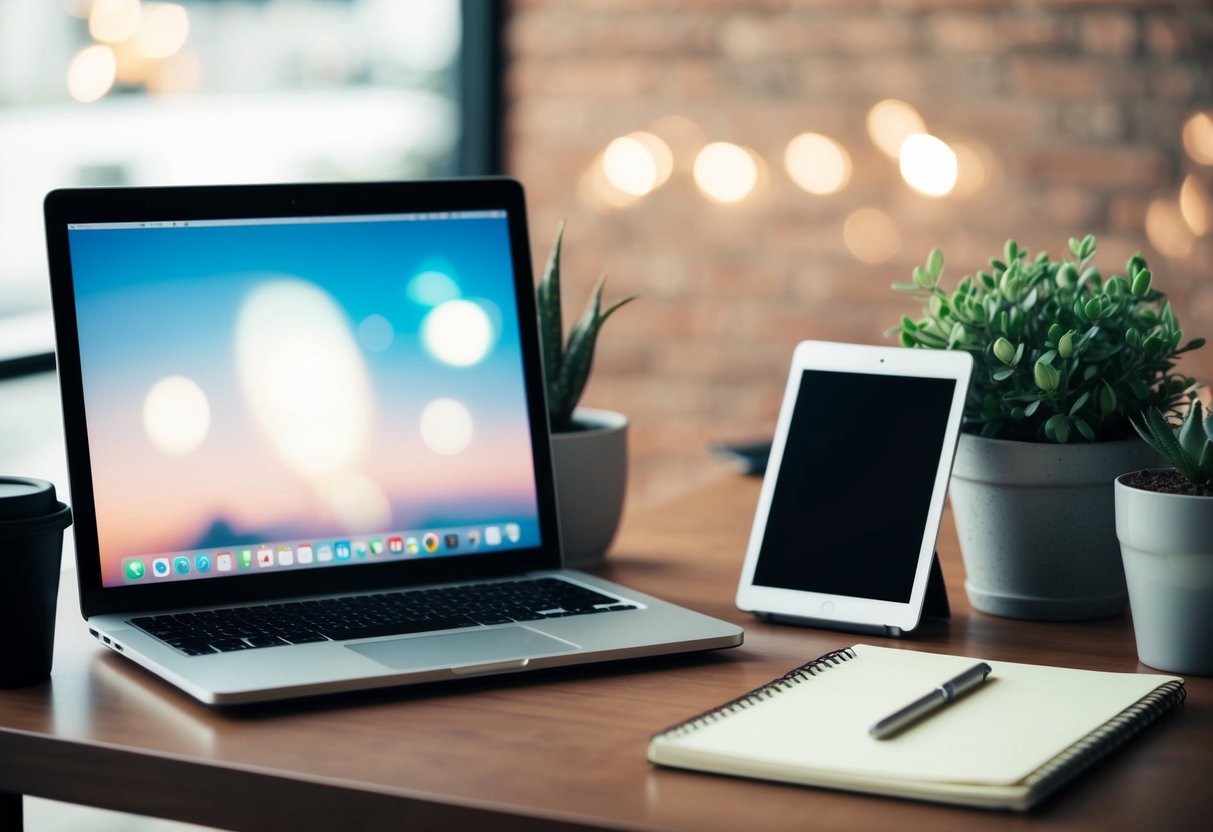 A laptop, smartphone, and tablet on a desk with a cup of coffee, potted plant, and a notepad with a pen