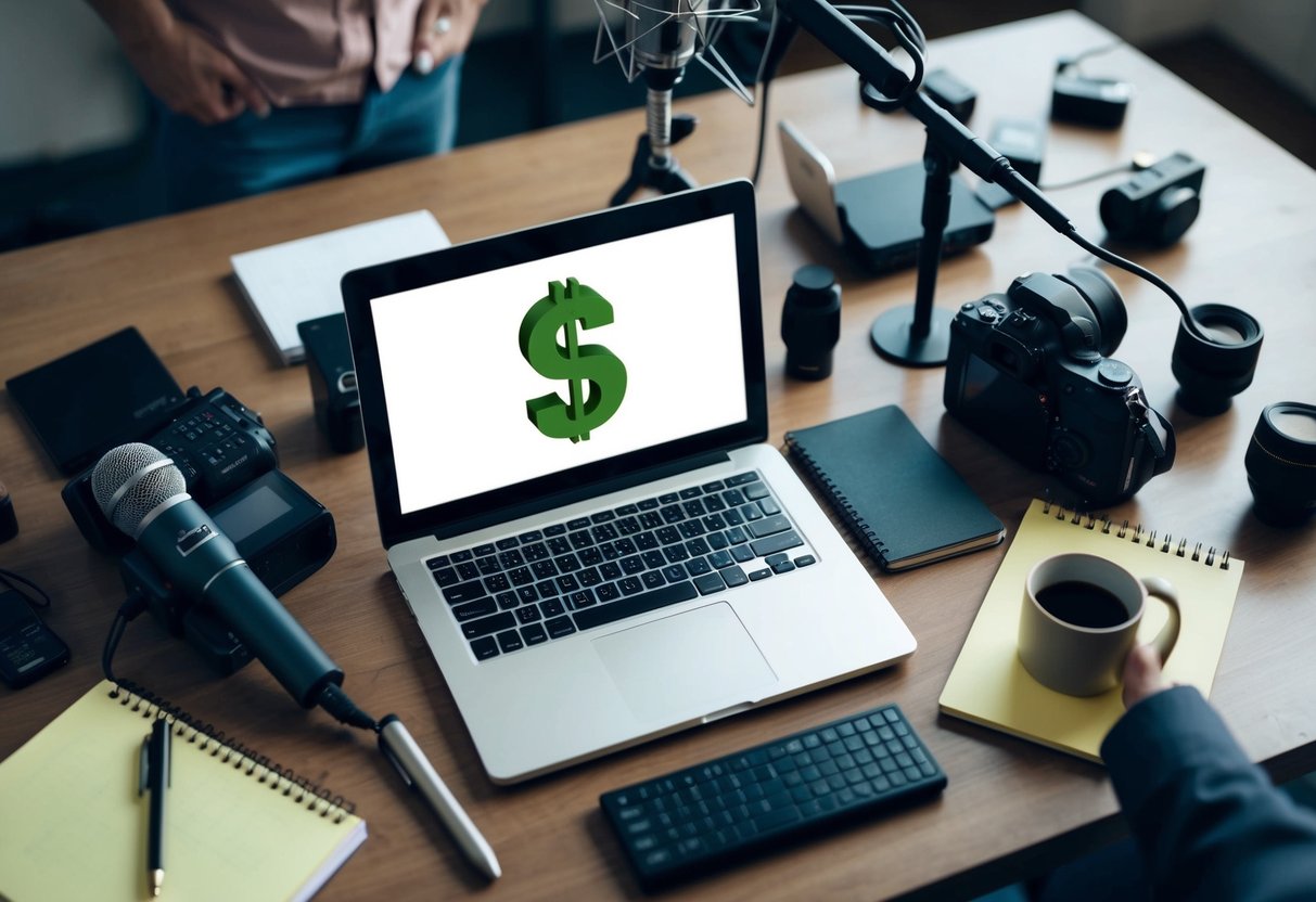 A laptop surrounded by various objects, such as a microphone, camera, and notepad, with a dollar sign symbolizing monetization