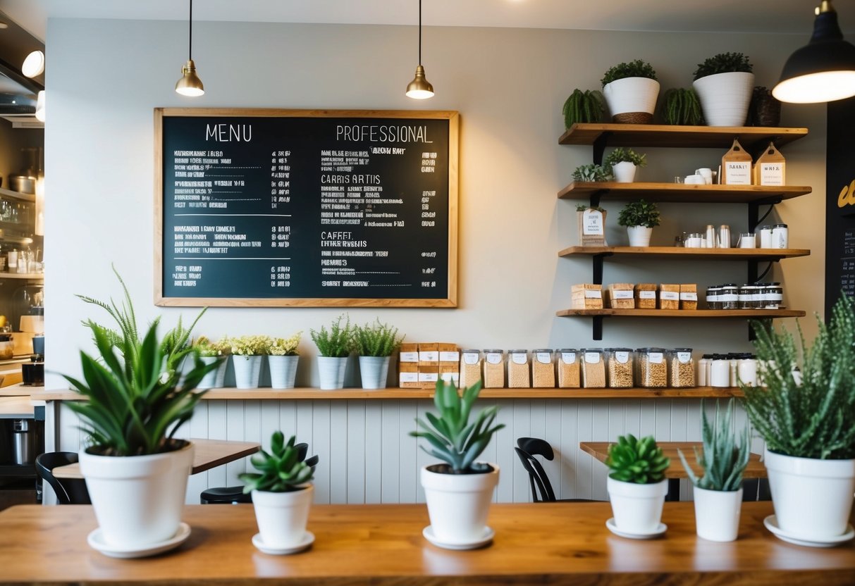 A cozy, well-lit cafe with a chalkboard menu, potted plants, and a display of handmade crafts and products on wooden shelves