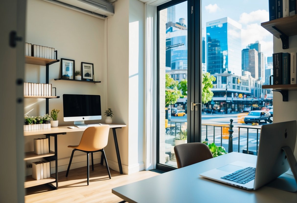 A small, cozy office space with a desk, computer, and shelves of books. A light-filled room with a view of a bustling city street