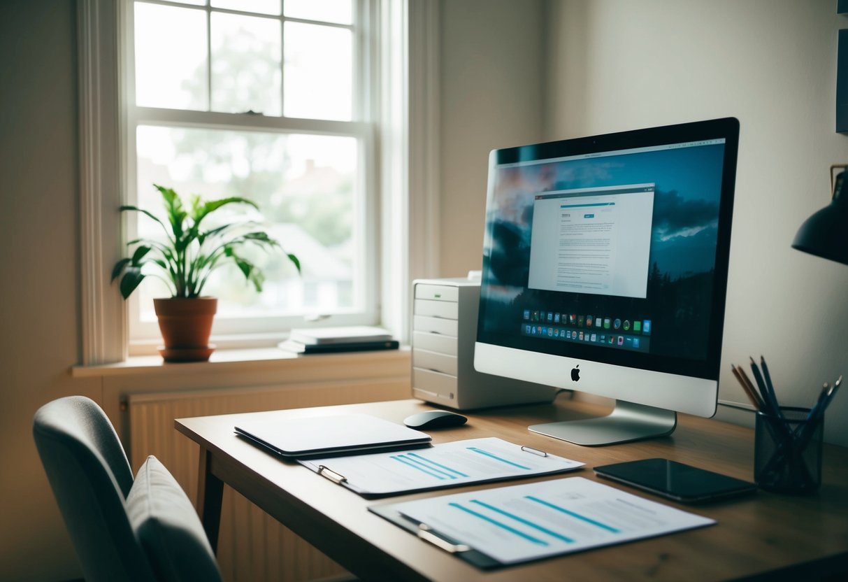 A cozy home office with a desk, computer, and paperwork. A bright window lets in natural light, and a potted plant adds a touch of greenery