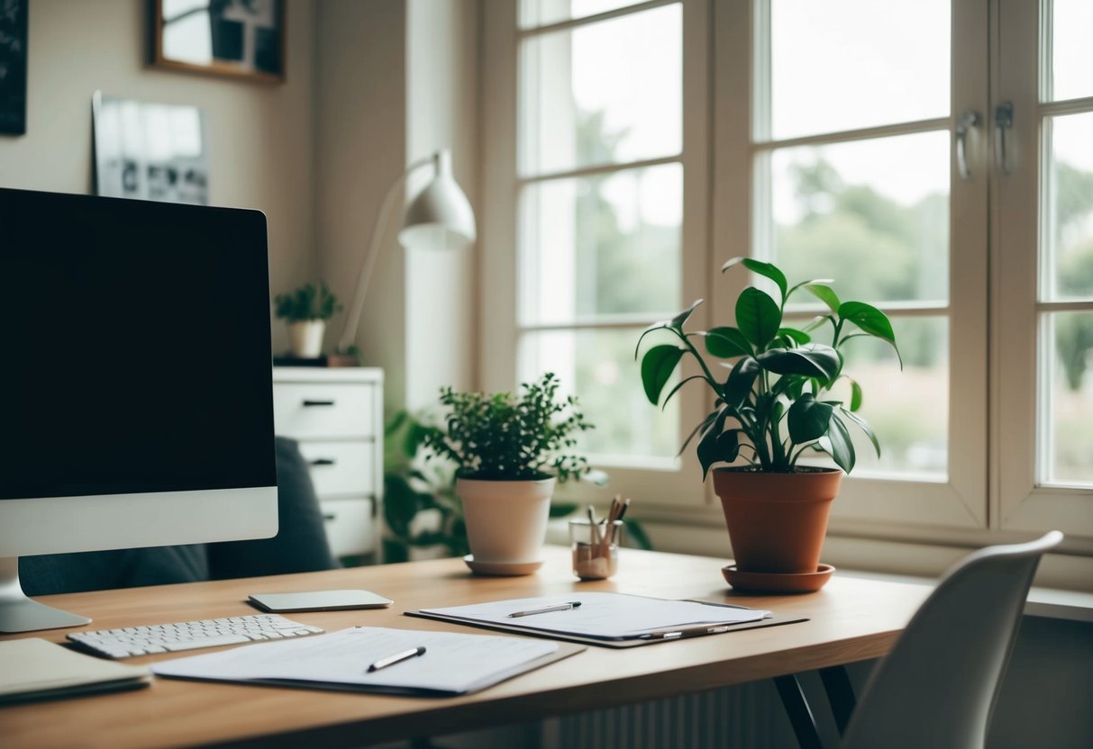 A cozy home office with a desk, computer, and paperwork. A bright window lets in natural light, and a potted plant adds a touch of greenery