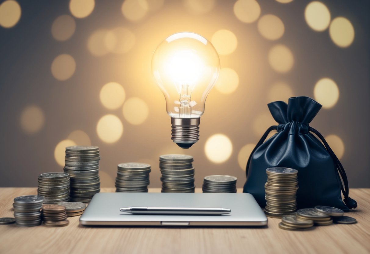 A lightbulb shining brightly above a simple desk with a laptop, notebook, and pen, surrounded by stacks of coins and money bags