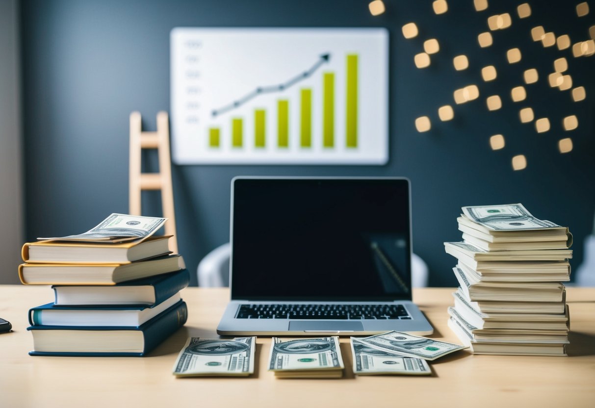 A laptop, books, and a stack of money on a desk, with a graph showing increasing profits on the wall