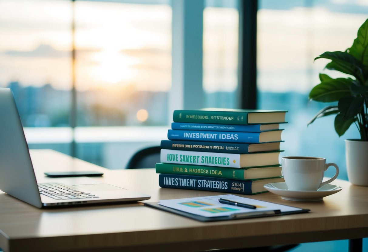 A serene office space with a laptop, charts, and a cup of coffee. A stack of books on investment strategies and business ideas sits on the desk