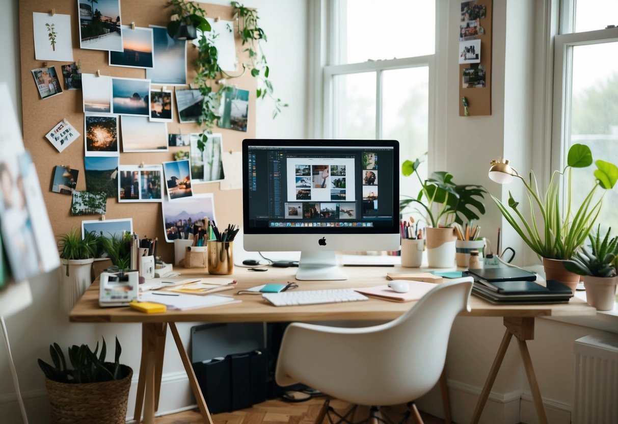 A cozy home office with a desk, computer, art supplies, and a mood board filled with inspiring images and ideas. A window lets in natural light, and plants add a touch of greenery