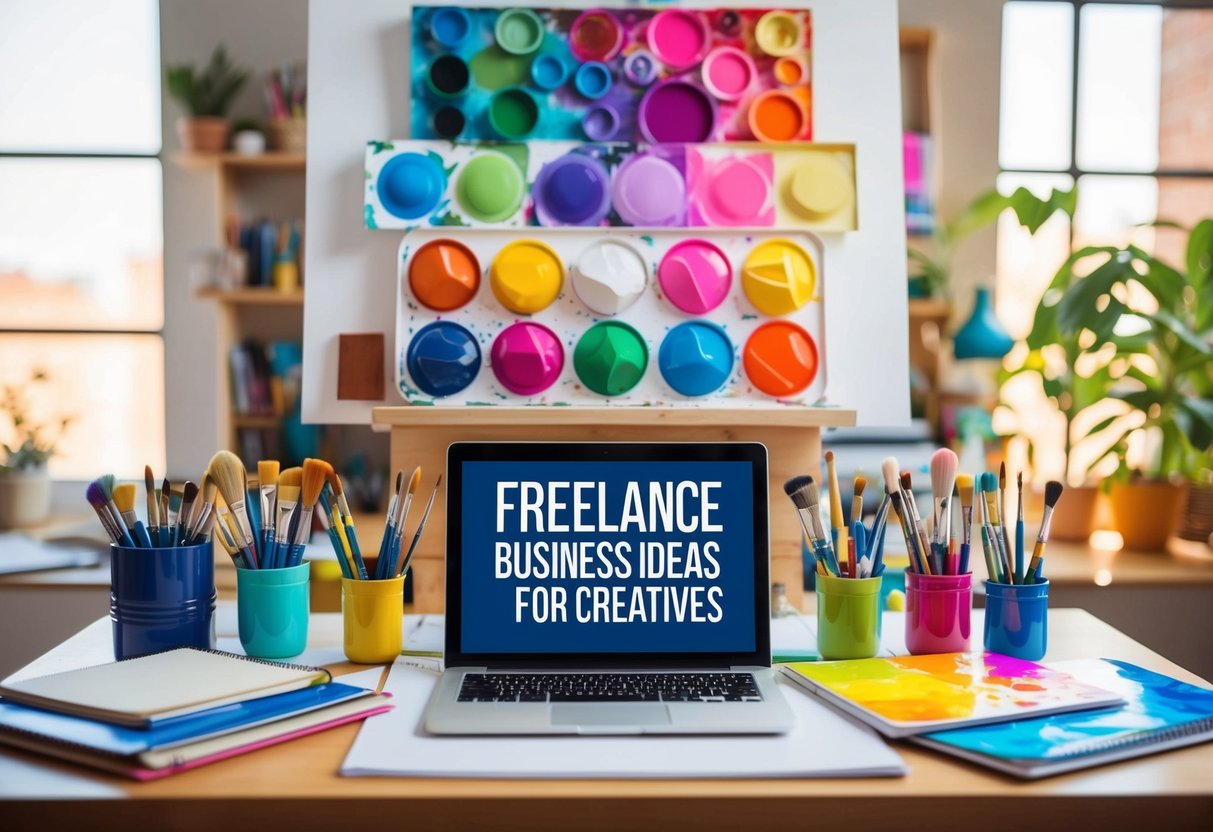 A colorful palette of art supplies arranged on a desk, including paintbrushes, sketchbooks, and a laptop displaying various freelance business ideas for creatives