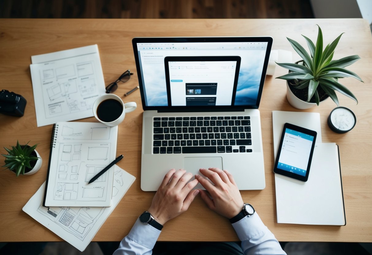 A desk with a laptop, tablet, and smartphone surrounded by sketches and notes. A cup of coffee and a potted plant sit nearby