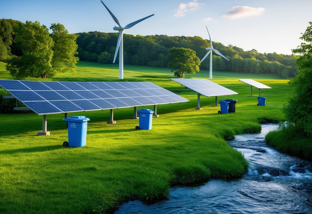 A lush, green landscape with solar panels, wind turbines, and recycling bins, surrounded by clean air and flowing water