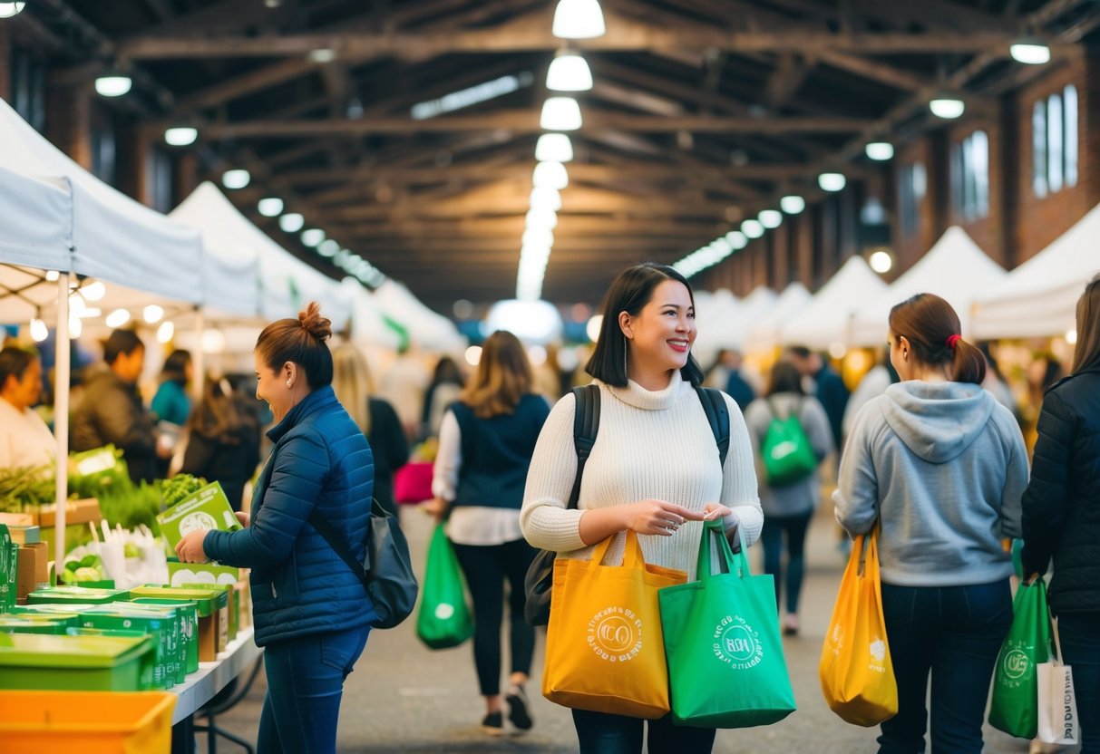 A bustling eco-friendly market with vendors selling sustainable products and customers browsing with reusable bags