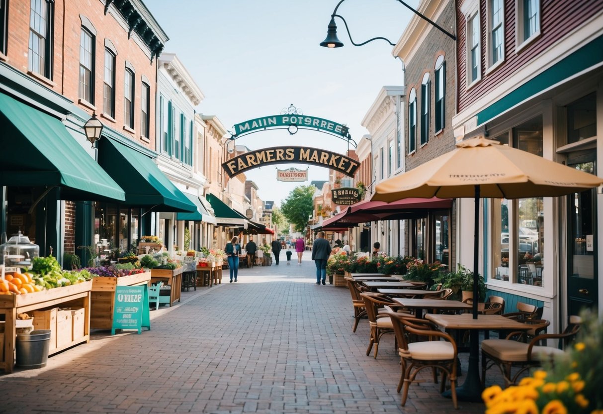 A quaint main street with charming storefronts, a bustling farmers market, and a cozy café with outdoor seating