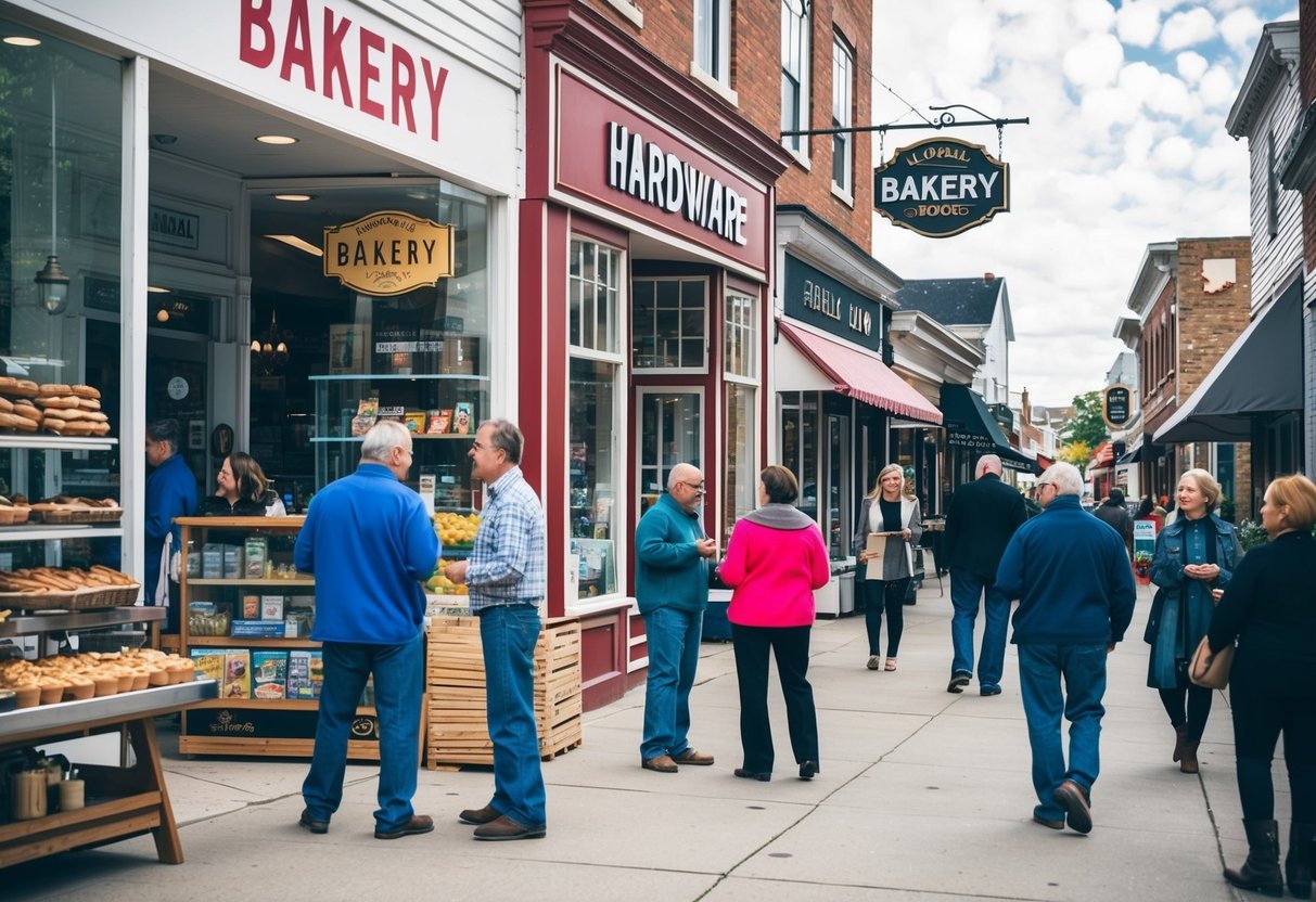 A bustling small town street with a variety of local businesses, including a bakery, hardware store, and boutique shops. Customers are seen interacting with the shop owners