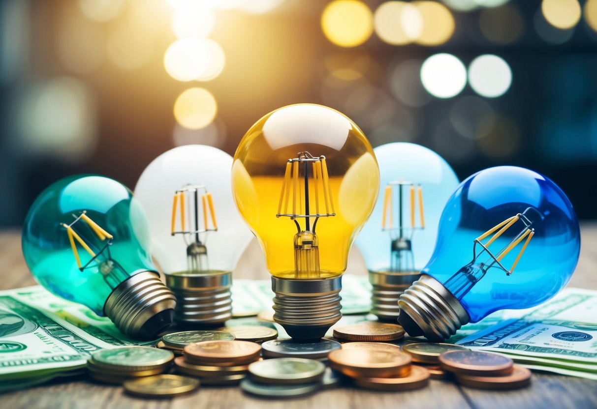 A group of lightbulbs of various sizes and colors, representing different funding options, surrounded by coins and dollar bills