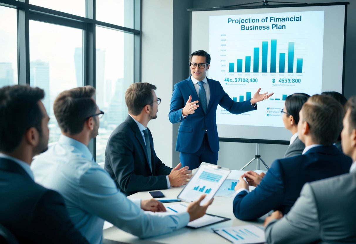 A person presenting a business plan to a group of investors, gesturing towards a projection of financial data on a large screen