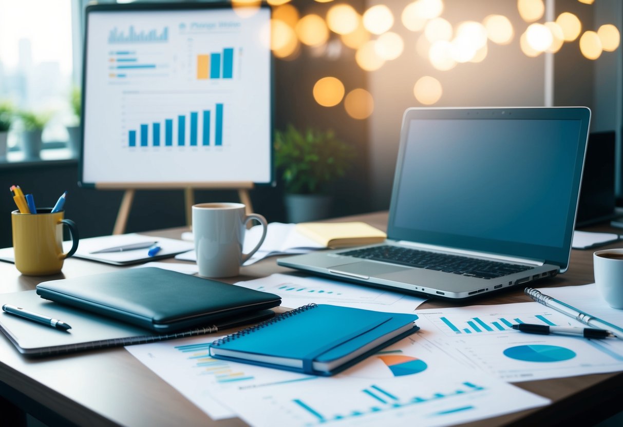 A cluttered desk with a laptop, notebook, and coffee mug. Papers strewn about with charts and graphs. A whiteboard with scribbled ideas