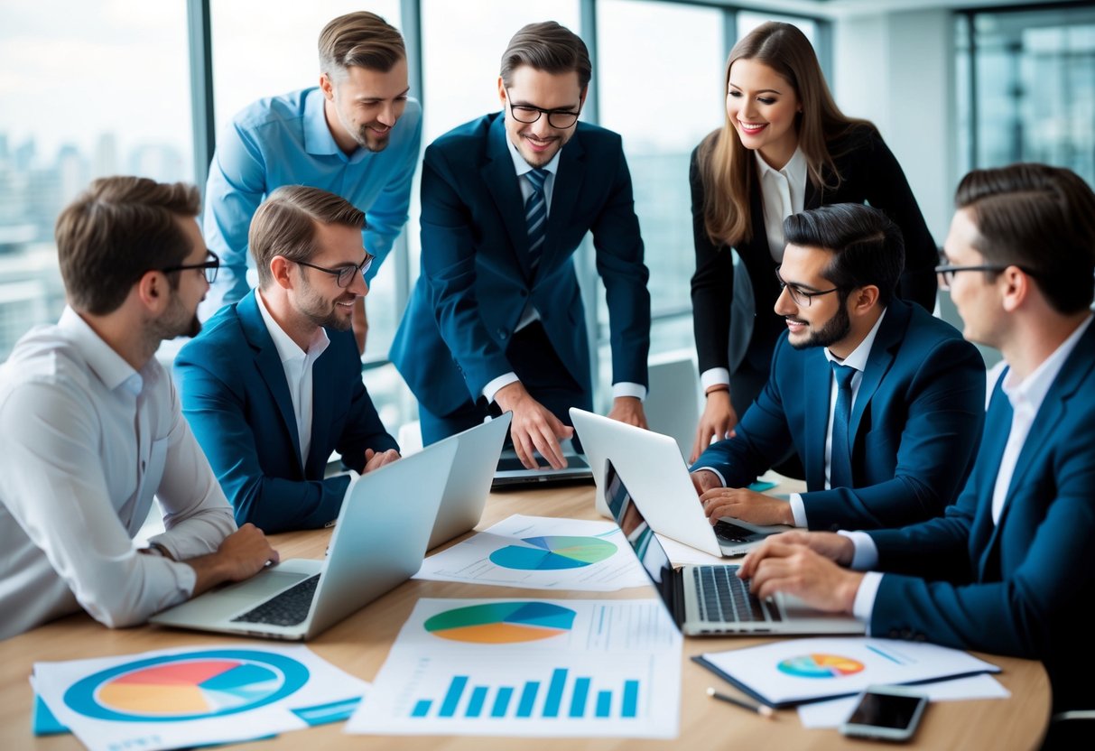 A group of people brainstorming and strategizing around a table filled with charts, graphs, and laptops