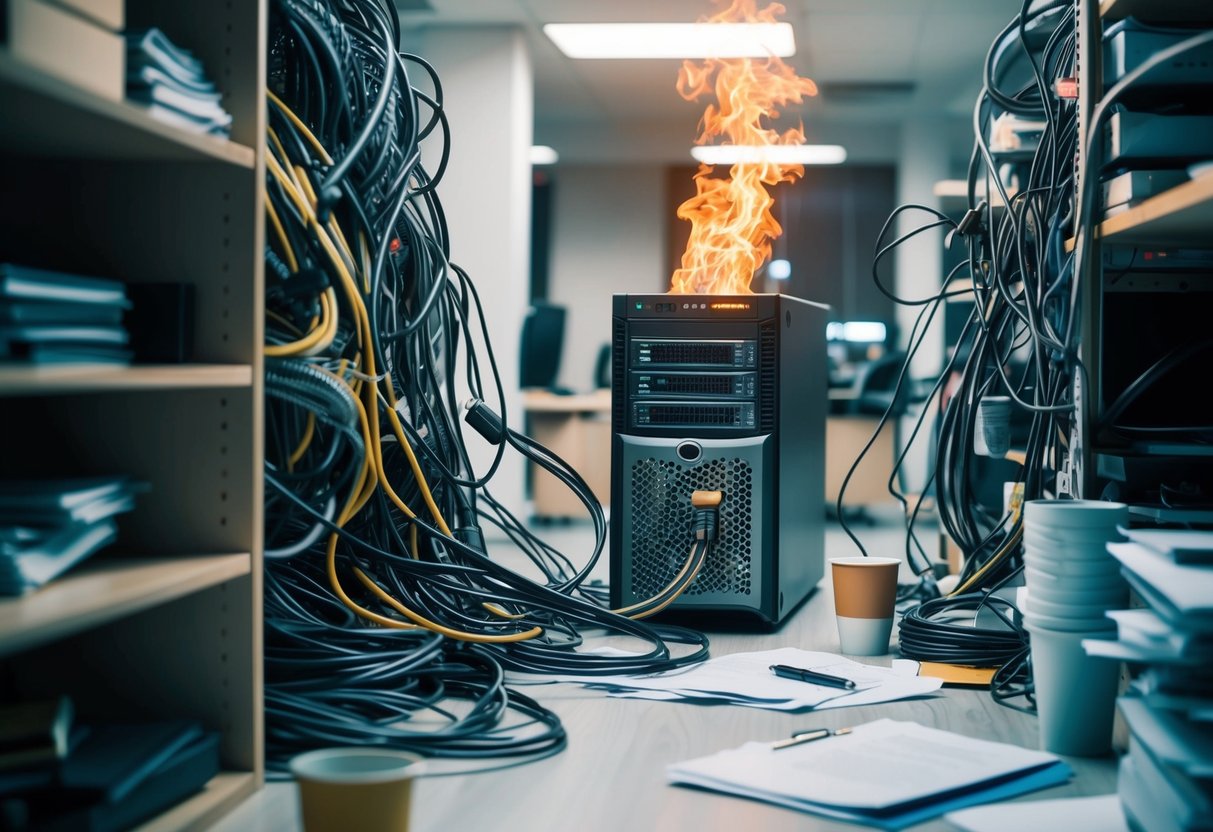 A tangled maze of wires and cables leads to a smoking server, while a disorganized office space is cluttered with scattered papers and empty coffee cups