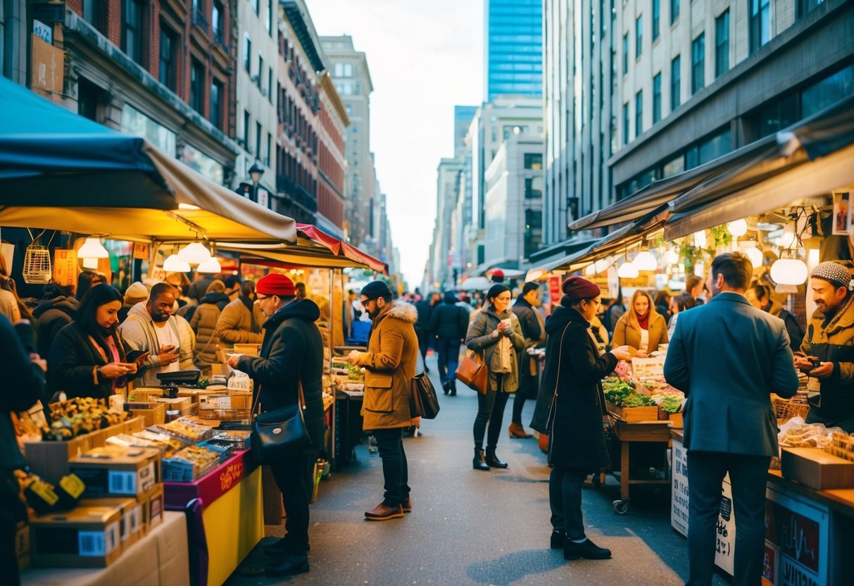 A bustling city street with diverse vendors and entrepreneurs showcasing their products and engaging with potential customers