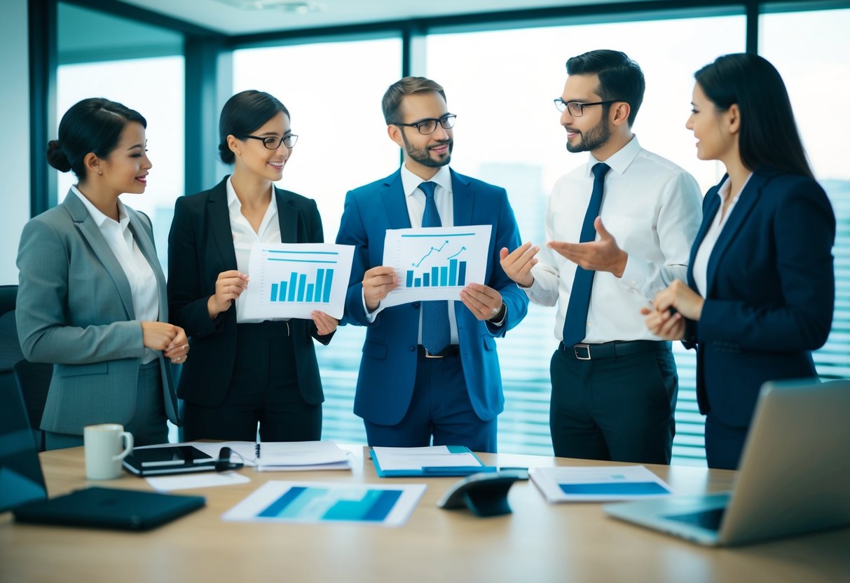 A group of professionals discussing data charts and graphs in a modern office setting