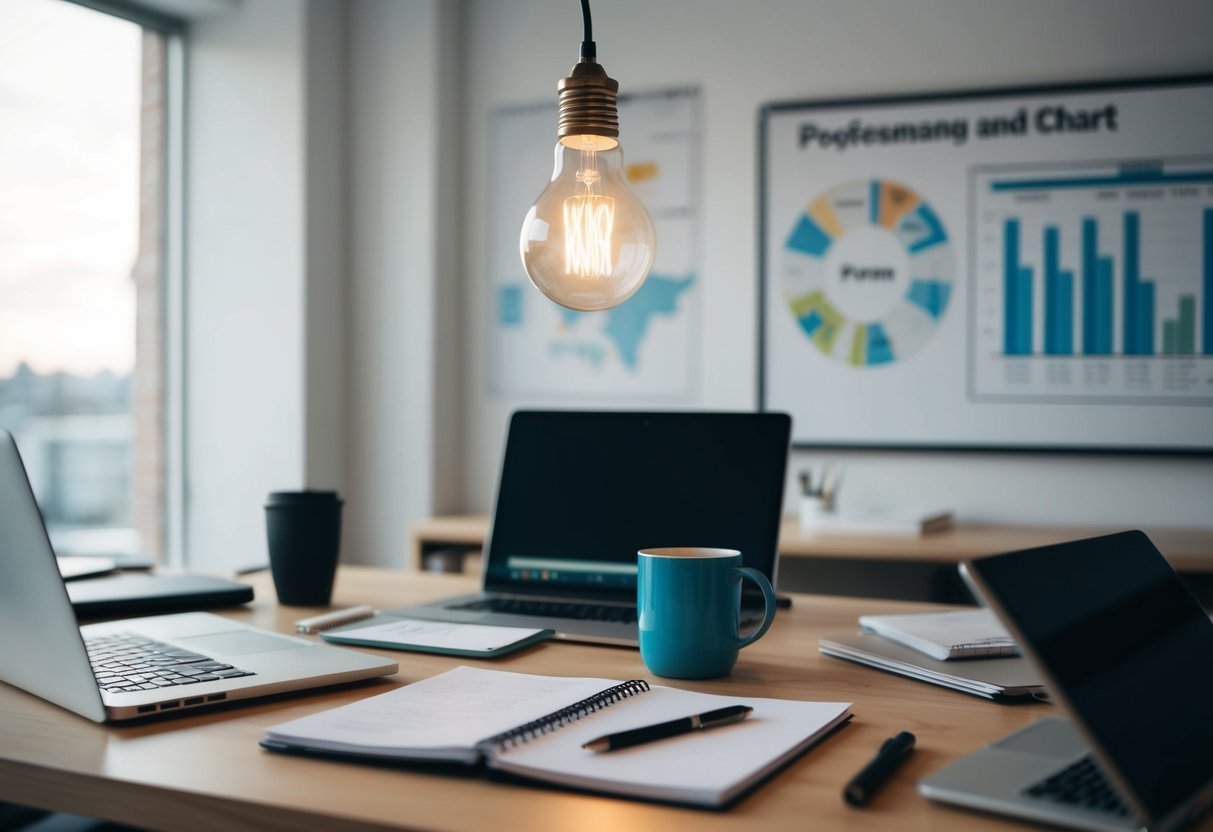 A cluttered desk with a laptop, notepad, and coffee mug. A light bulb overhead symbolizes creativity. A roadmap and chart on the wall signify planning and strategy