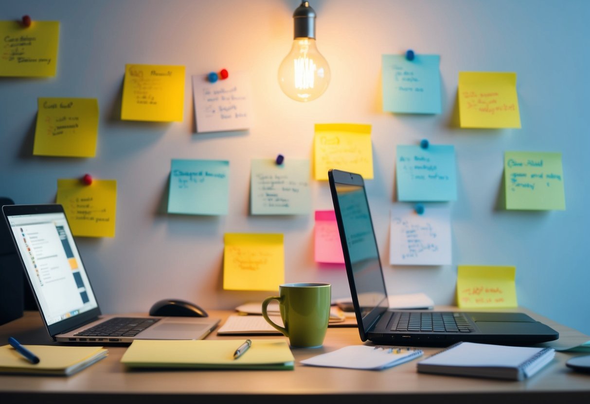 A cluttered desk with a laptop, notepad, and coffee cup. Post-it notes with scribbled ideas cover the wall. A light bulb illuminates the room