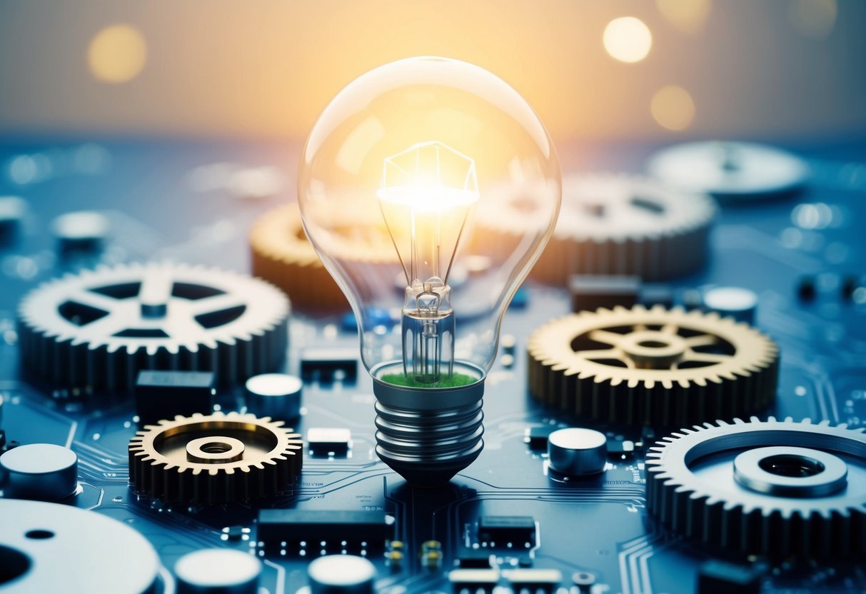 A lightbulb surrounded by gears and circuitry, symbolizing innovation and potential startup ideas