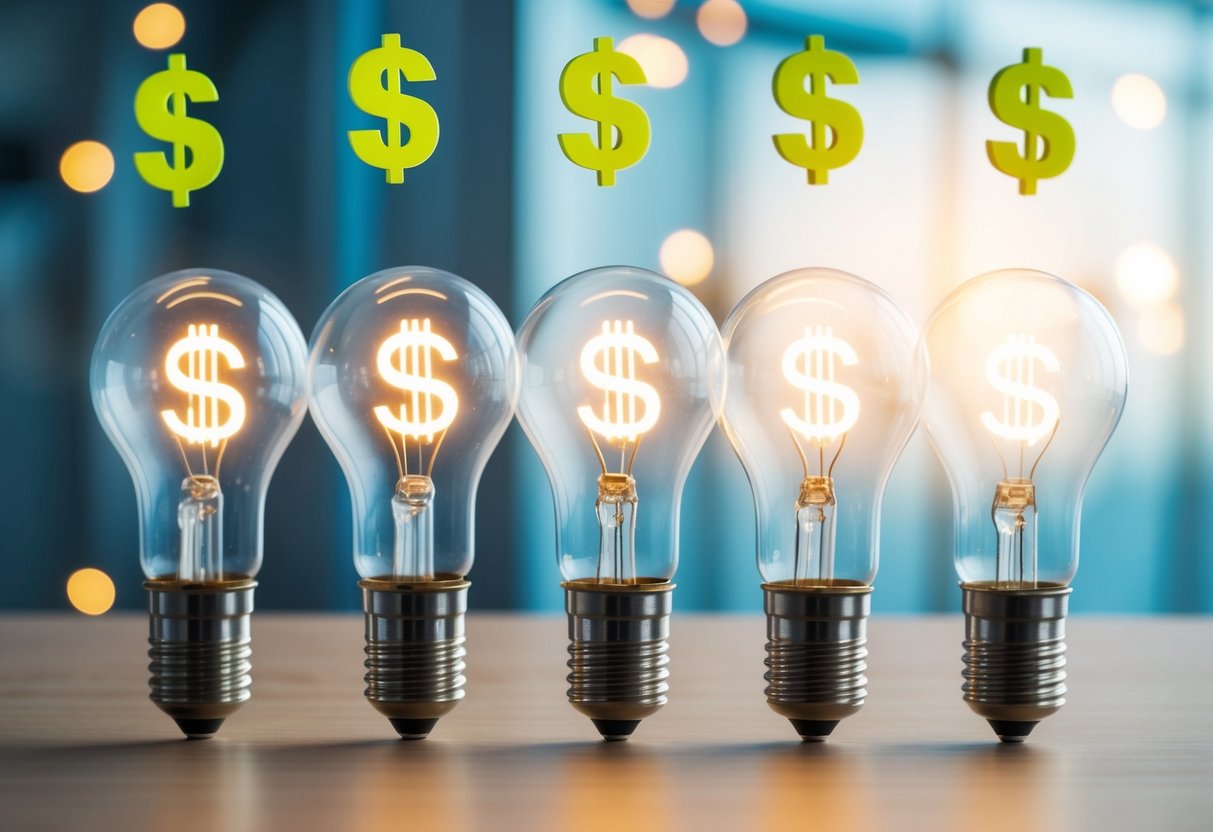 A group of lightbulbs with dollar signs floating above them, representing various startup ideas and potential monetization strategies