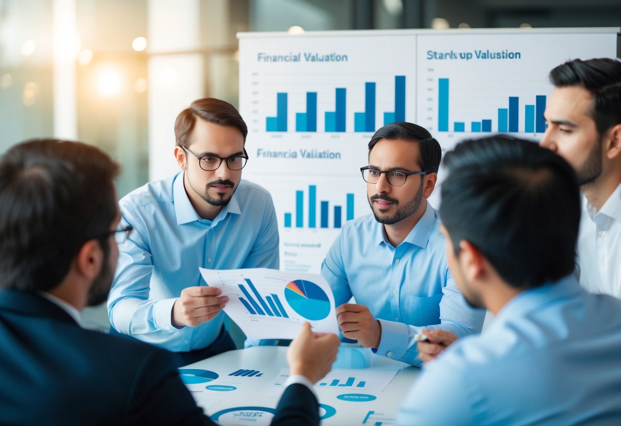 A group of investors analyzing financial charts and graphs, discussing startup valuation