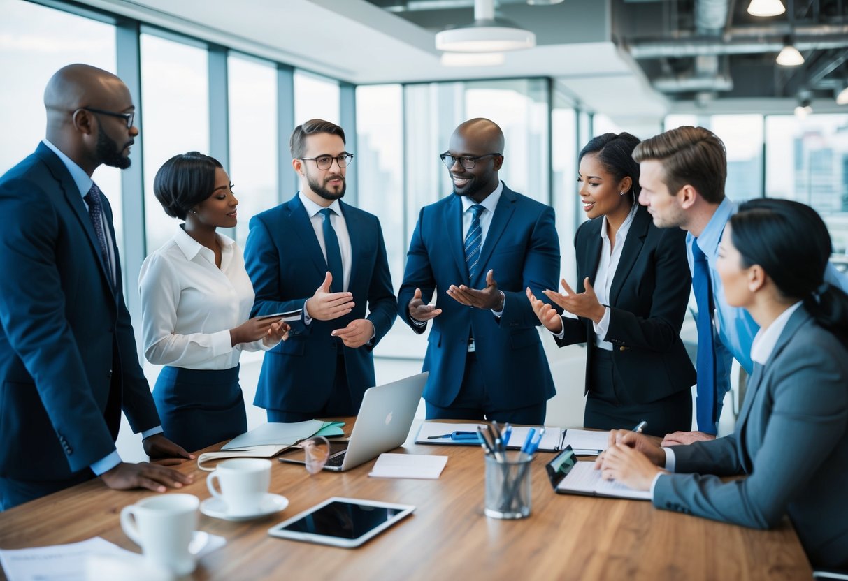 A group of diverse professionals discussing legal tips in a modern office setting