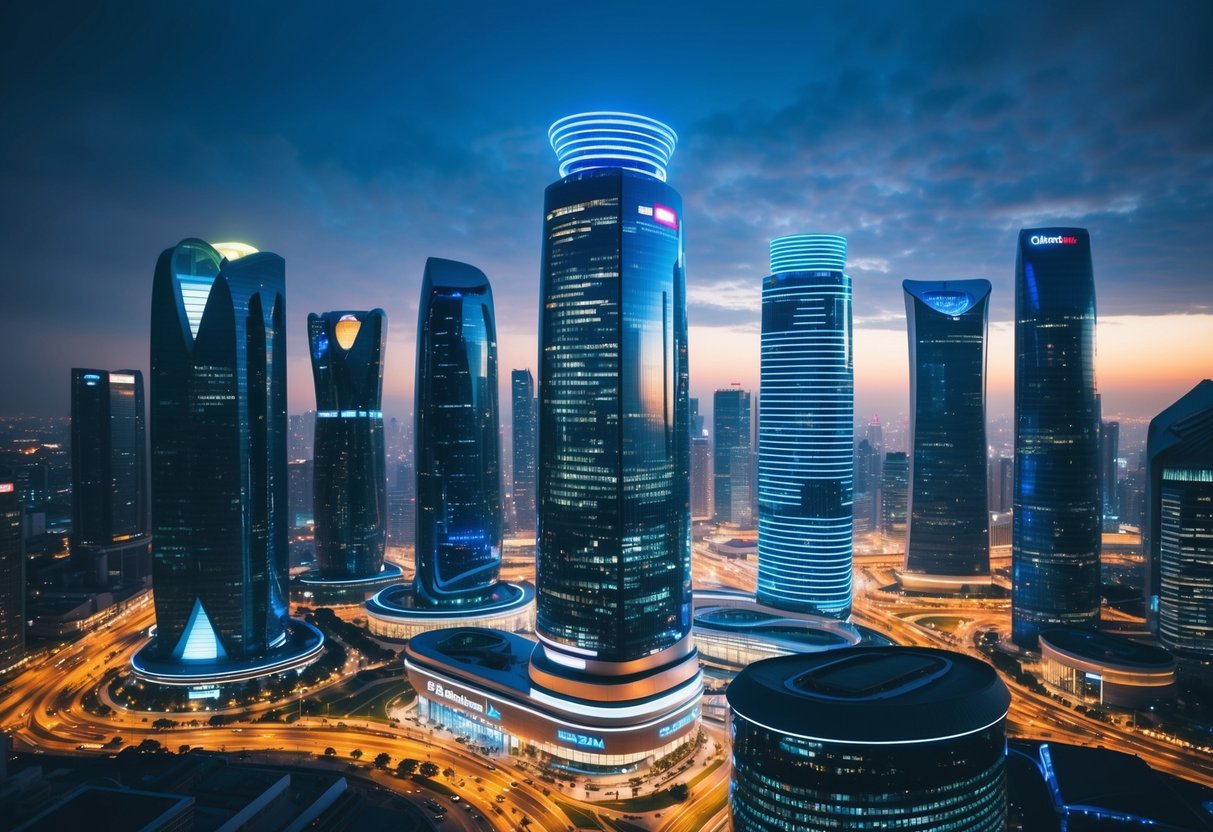 A bustling city skyline with futuristic buildings, glowing with neon lights. A group of sleek, high-tech office towers stands out among the rest