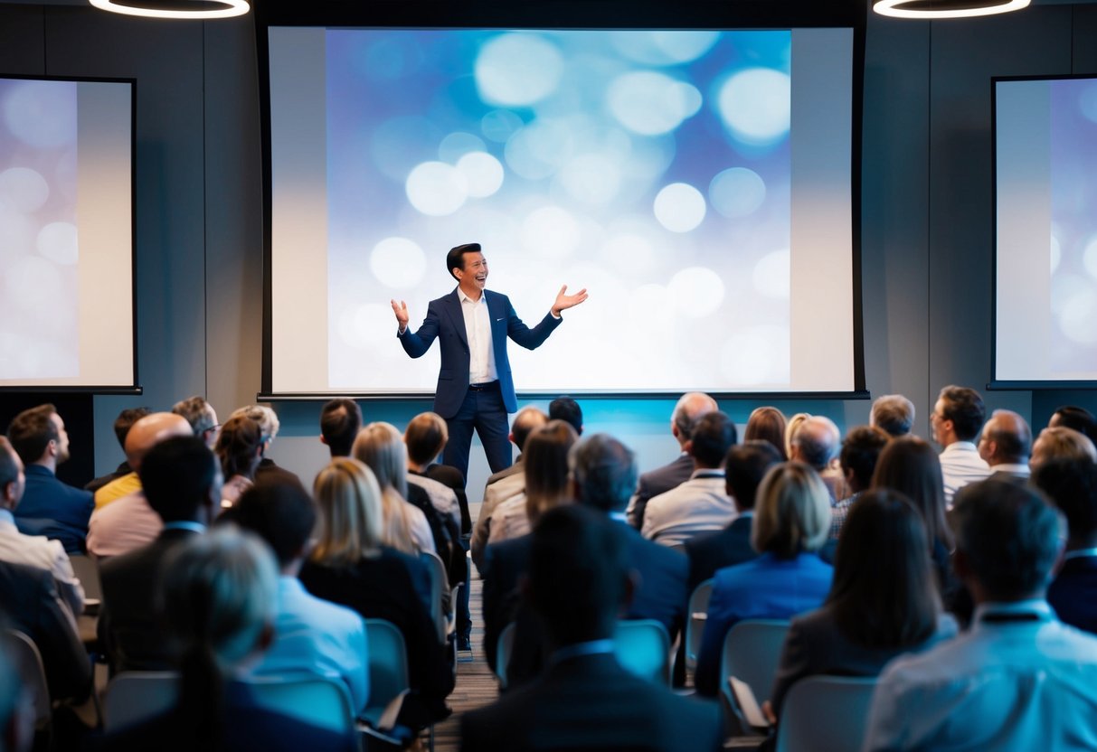 A person standing in front of a large audience, gesturing confidently while presenting a slideshow on a screen. The audience is engaged and attentive