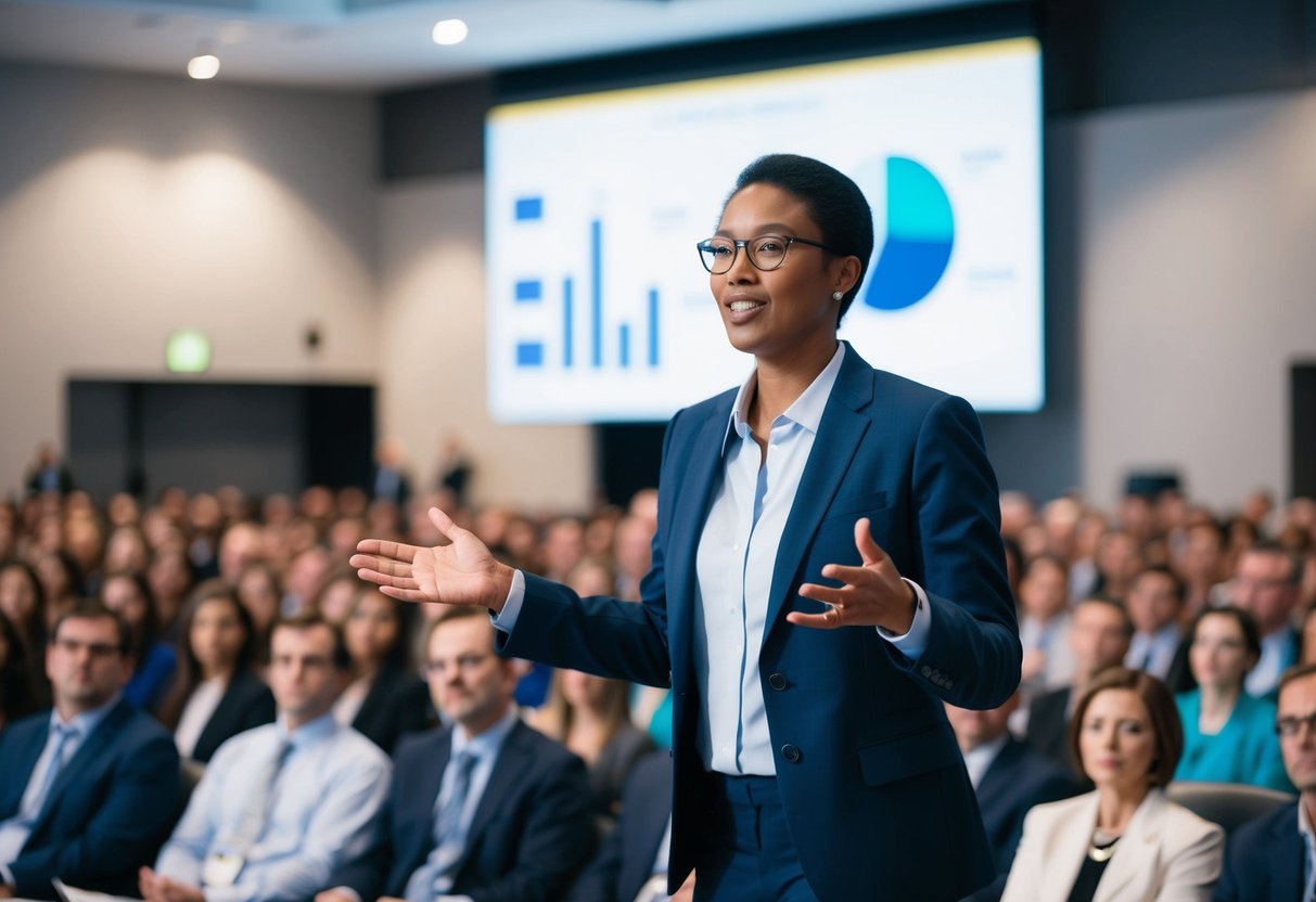 A person standing in front of a large audience, gesturing and speaking confidently, with visual aids displayed on a screen behind them