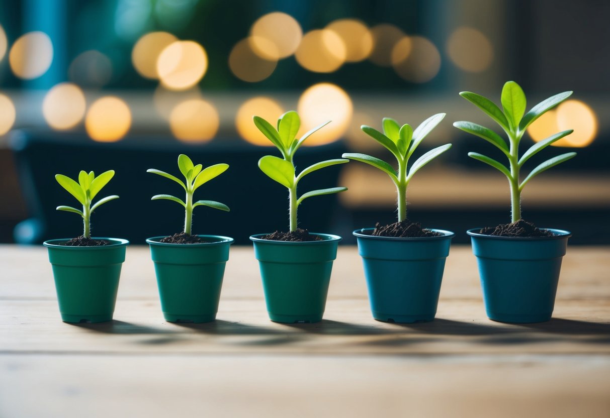 A group of small seedlings growing in different sized pots, symbolizing the various scaling strategies for startups