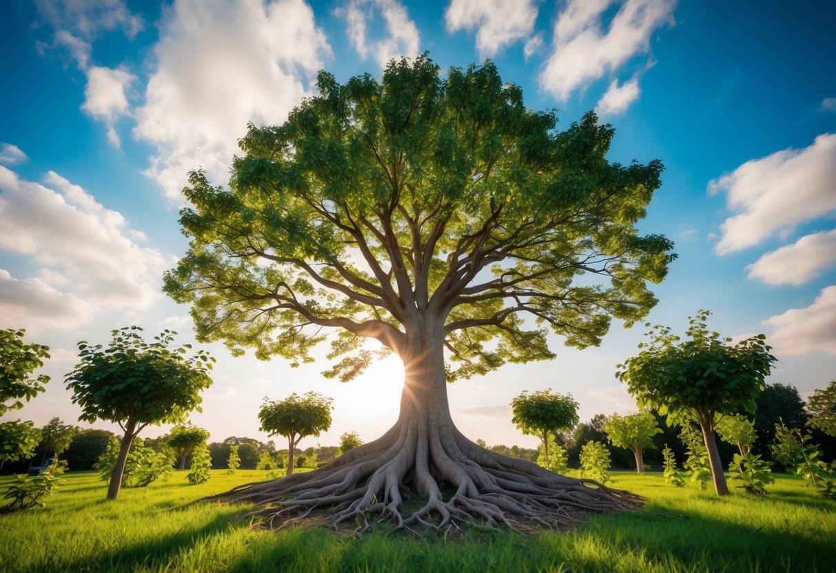 A tree with roots spreading out and branches reaching towards the sky, surrounded by smaller trees and plants, symbolizing growth and expansion