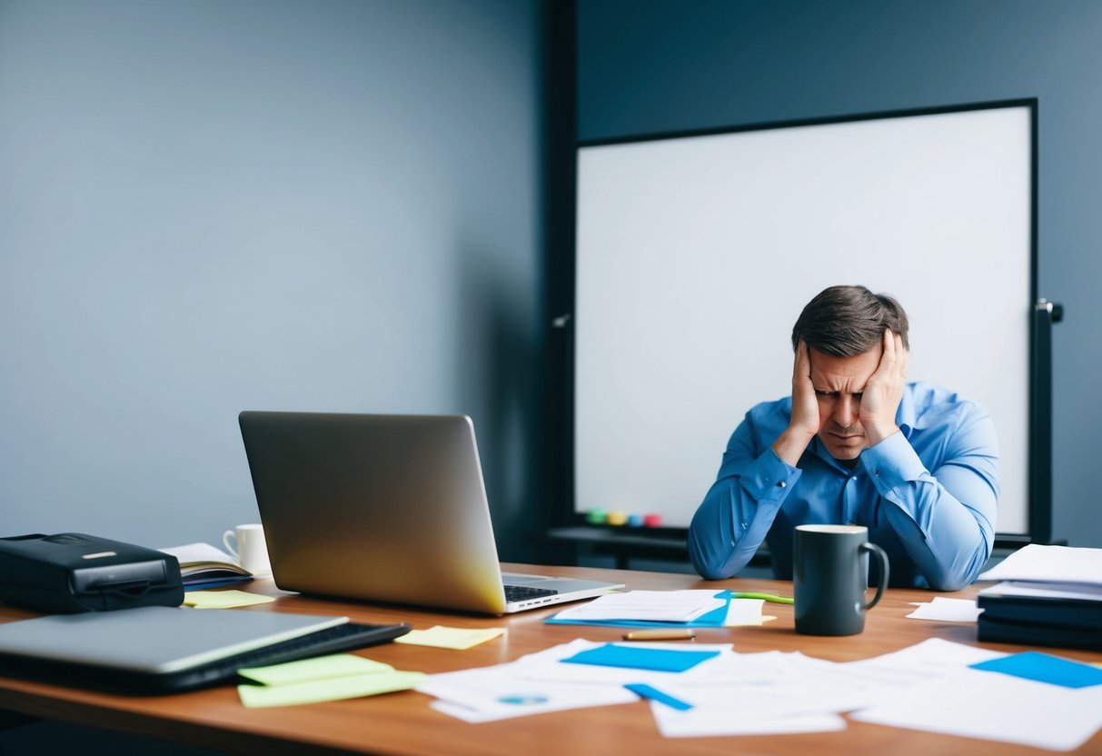 A cluttered desk with a laptop, coffee mug, and scattered papers. A frustrated entrepreneur stares at a blank whiteboard