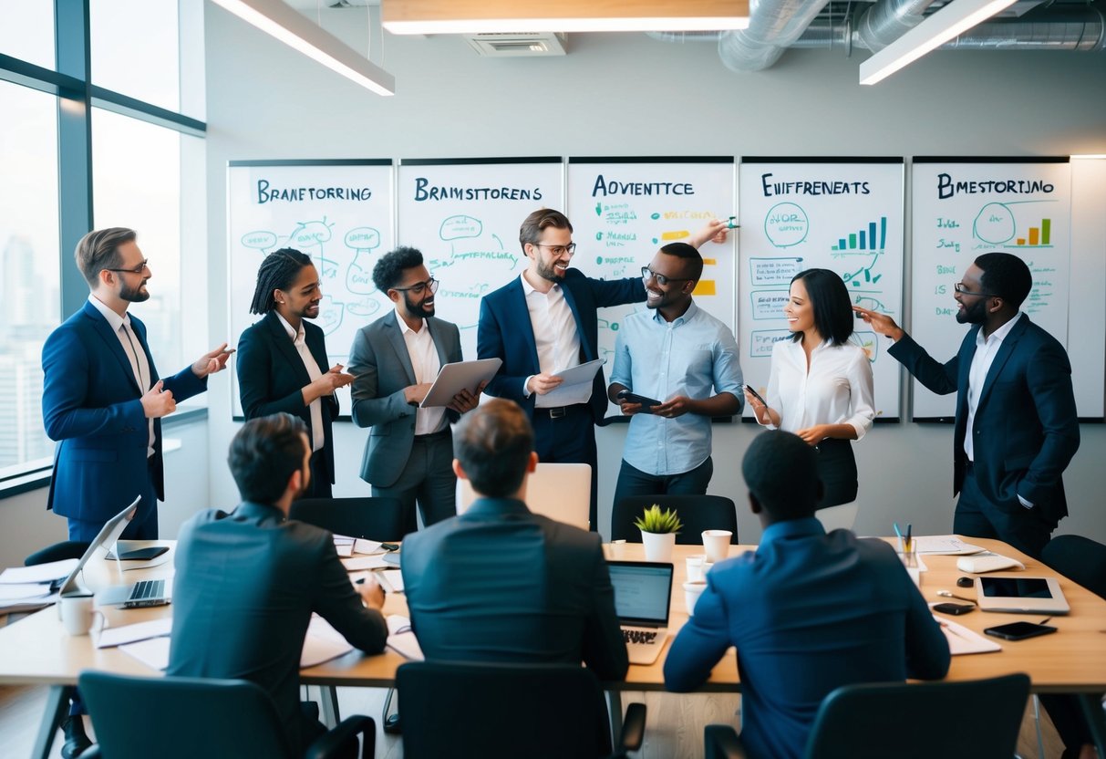 A group of diverse entrepreneurs brainstorming in a modern office, surrounded by whiteboards filled with ideas and charts