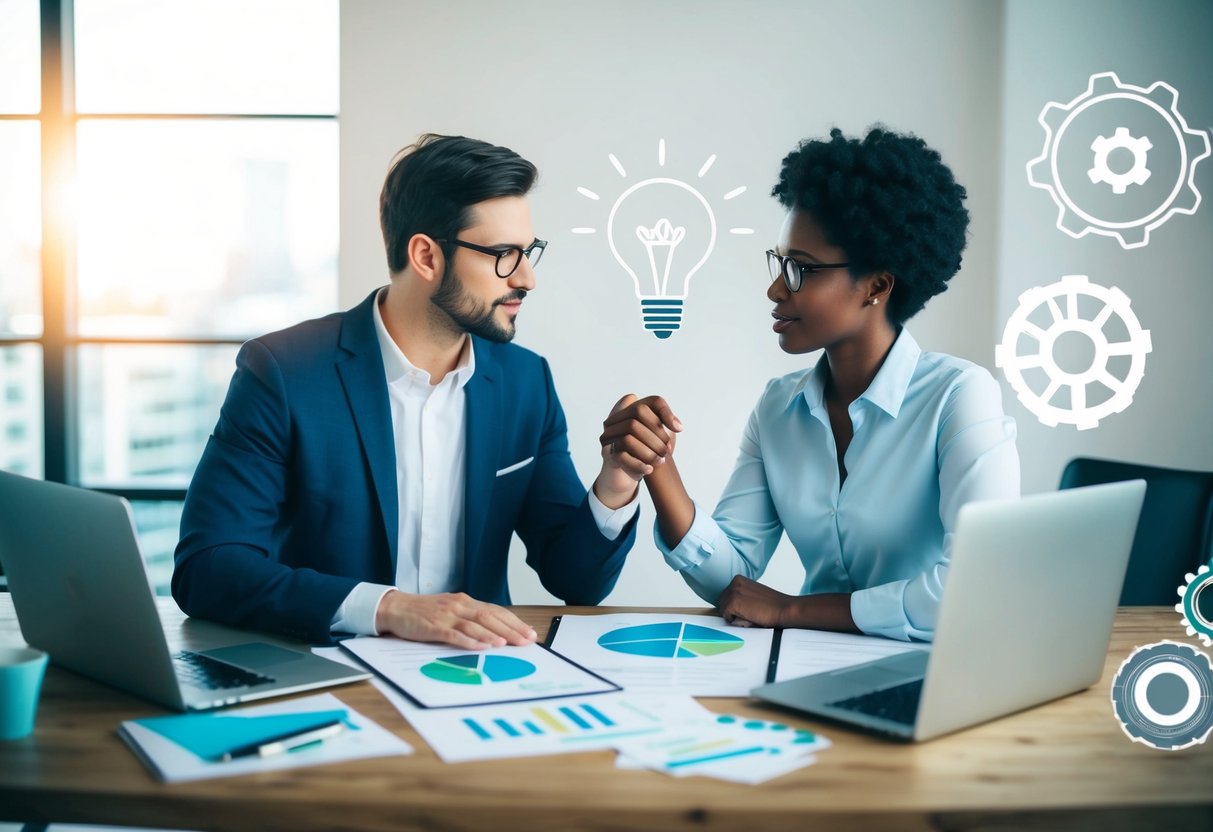 Two figures discussing over a table with laptops and papers, surrounded by startup-related items like a lightbulb, gears, and a handshake symbol