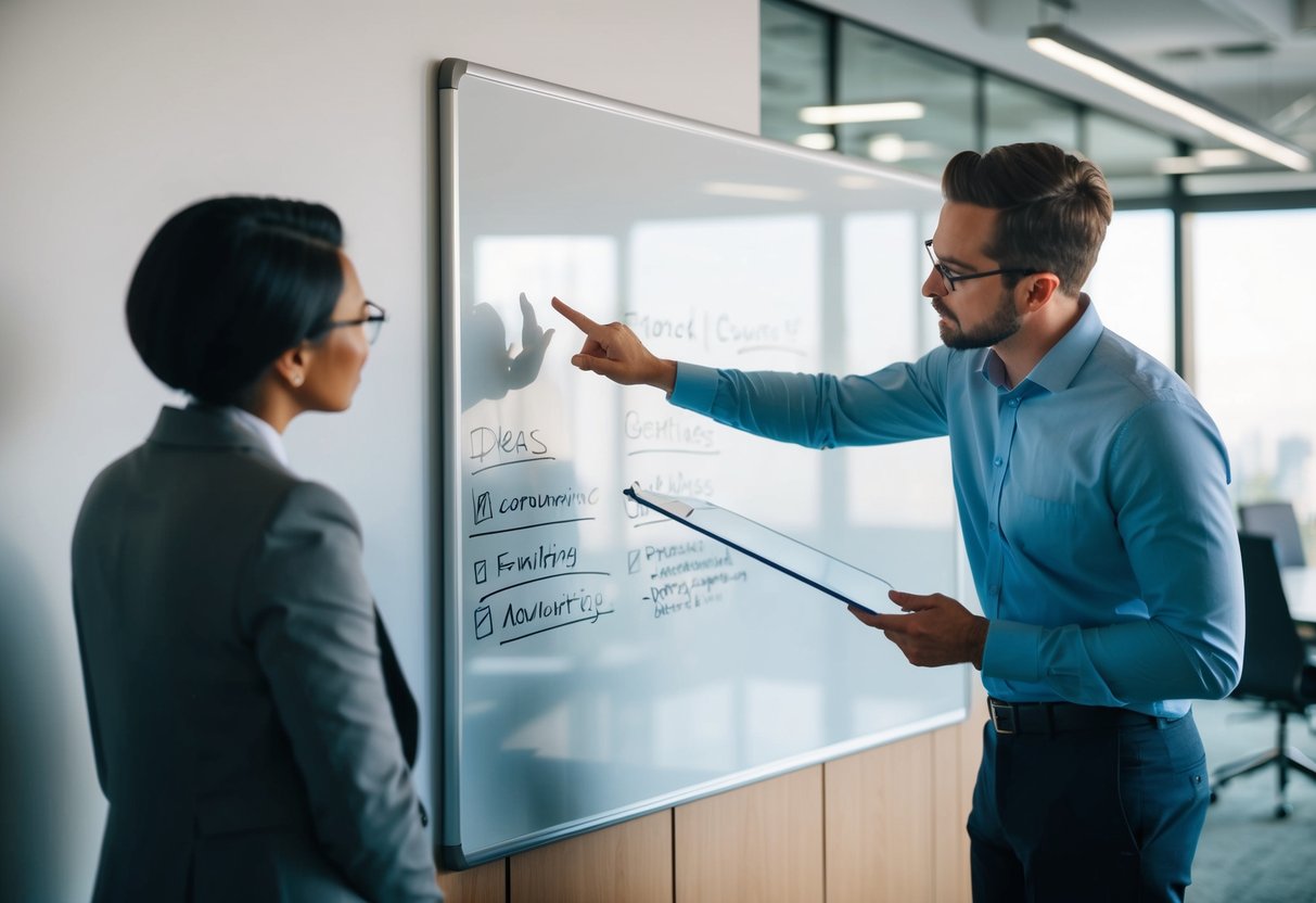 Two figures discussing ideas and collaborating on a whiteboard in a modern office setting