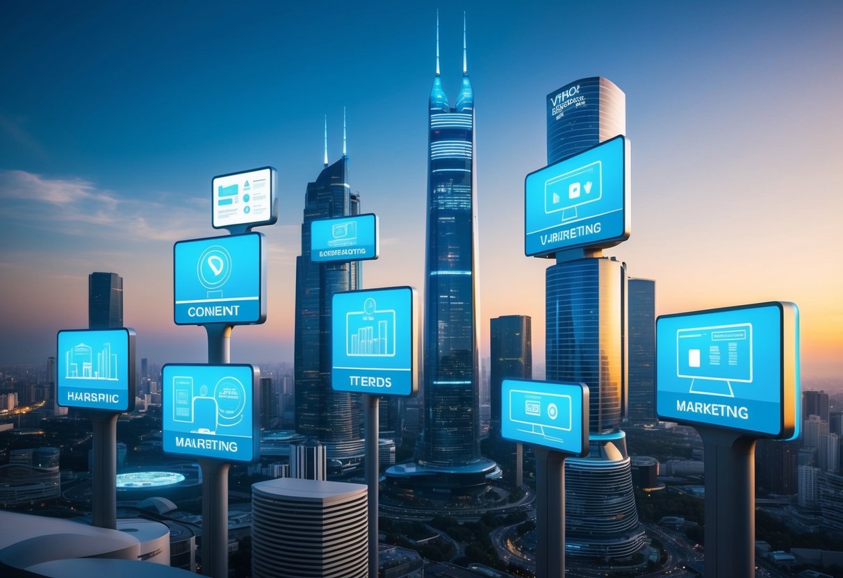 A futuristic city skyline with holographic billboards and digital screens displaying various types of content marketing trends for the year 2024