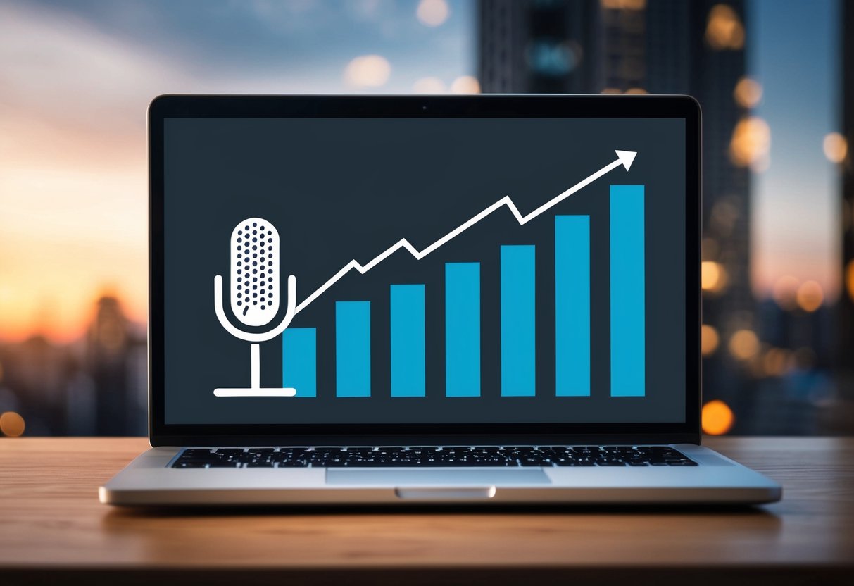 A laptop with a microphone icon and a graph showing an upward trend