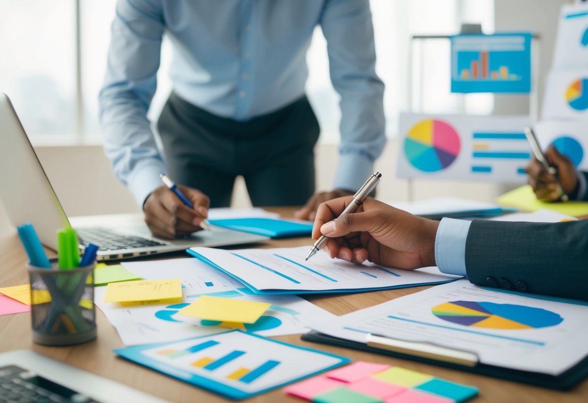 A person brainstorming with a pen and paper, surrounded by charts, graphs, and sticky notes