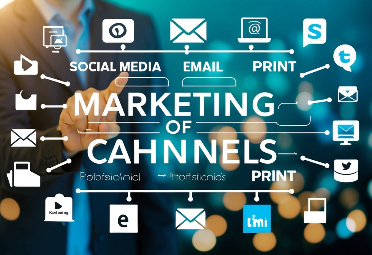 A diverse array of marketing channels, including social media, email, and print, are depicted in a strategic layout