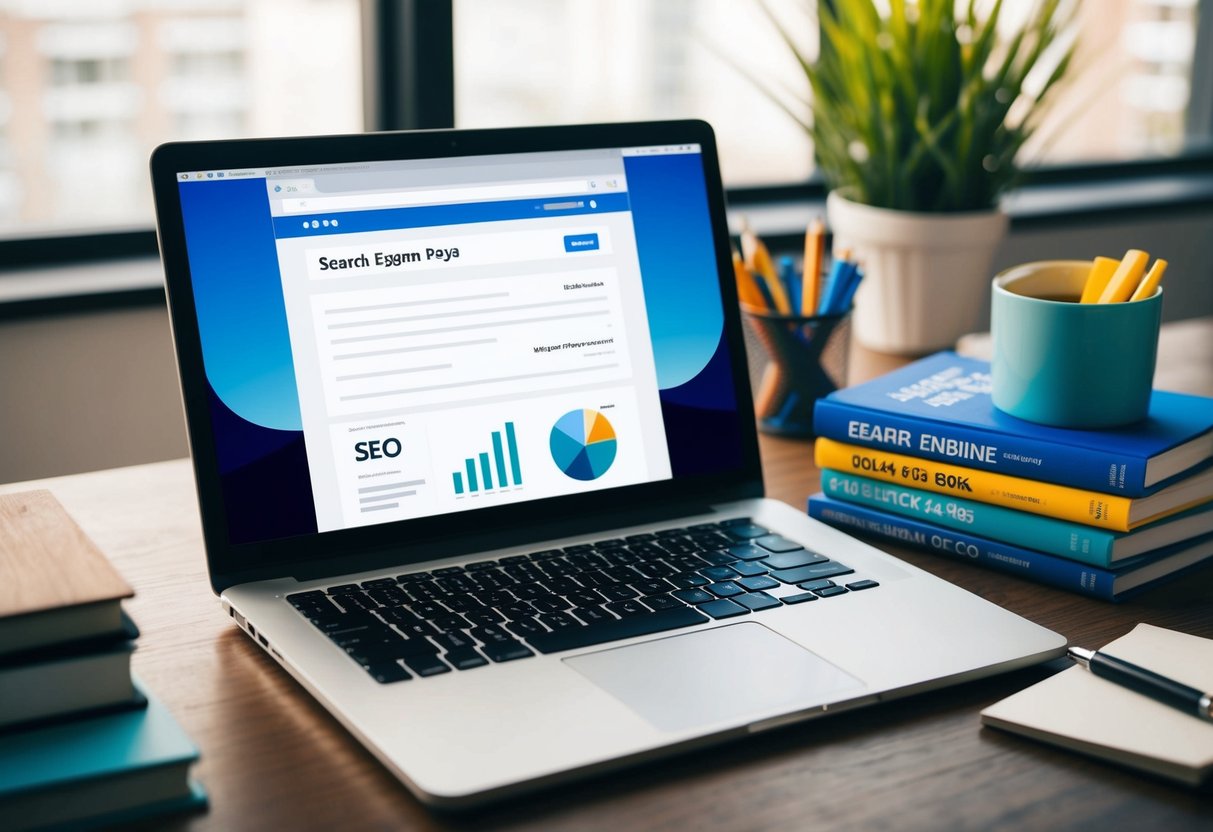 A laptop with a search engine page open, surrounded by books on SEO and a pen