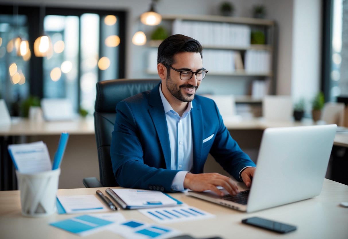 A small business owner at a desk, typing on a laptop while surrounded by a list of email contacts and marketing materials