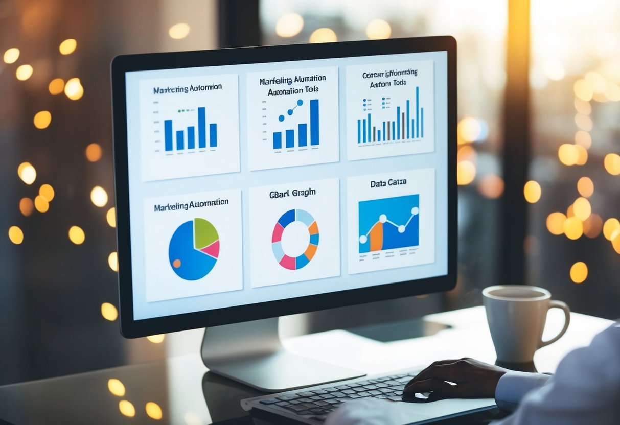 A computer screen displaying various marketing automation tools with data charts and graphs