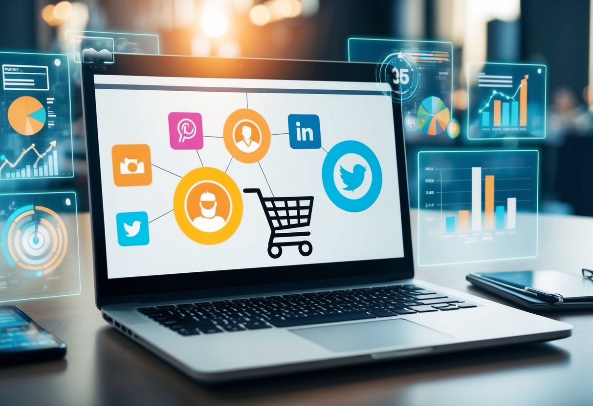 A laptop displaying various eCommerce platforms with social media icons and a shopping cart, surrounded by digital marketing graphs and charts